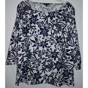 Talbots 1X Stretch Pullover 3/4 Sleeve Pintuck Accent Navy Floral Coastal Preppy